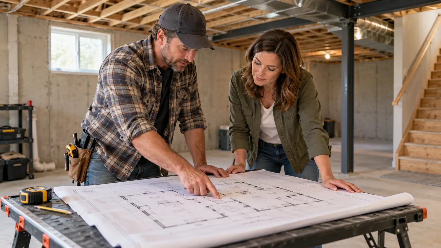 Two people reviewing a floor plan on a worktable in an unfinished basement