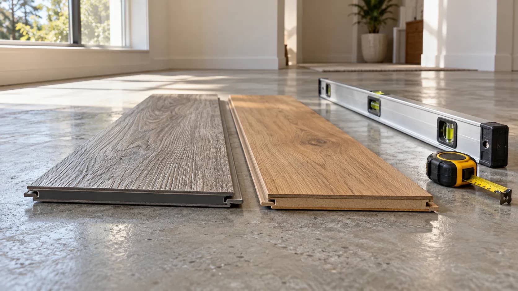 Side-by-side comparison of luxury vinyl plank and wood-look laminate flooring samples resting on a concrete subfloor with a straightedge level and tape measure