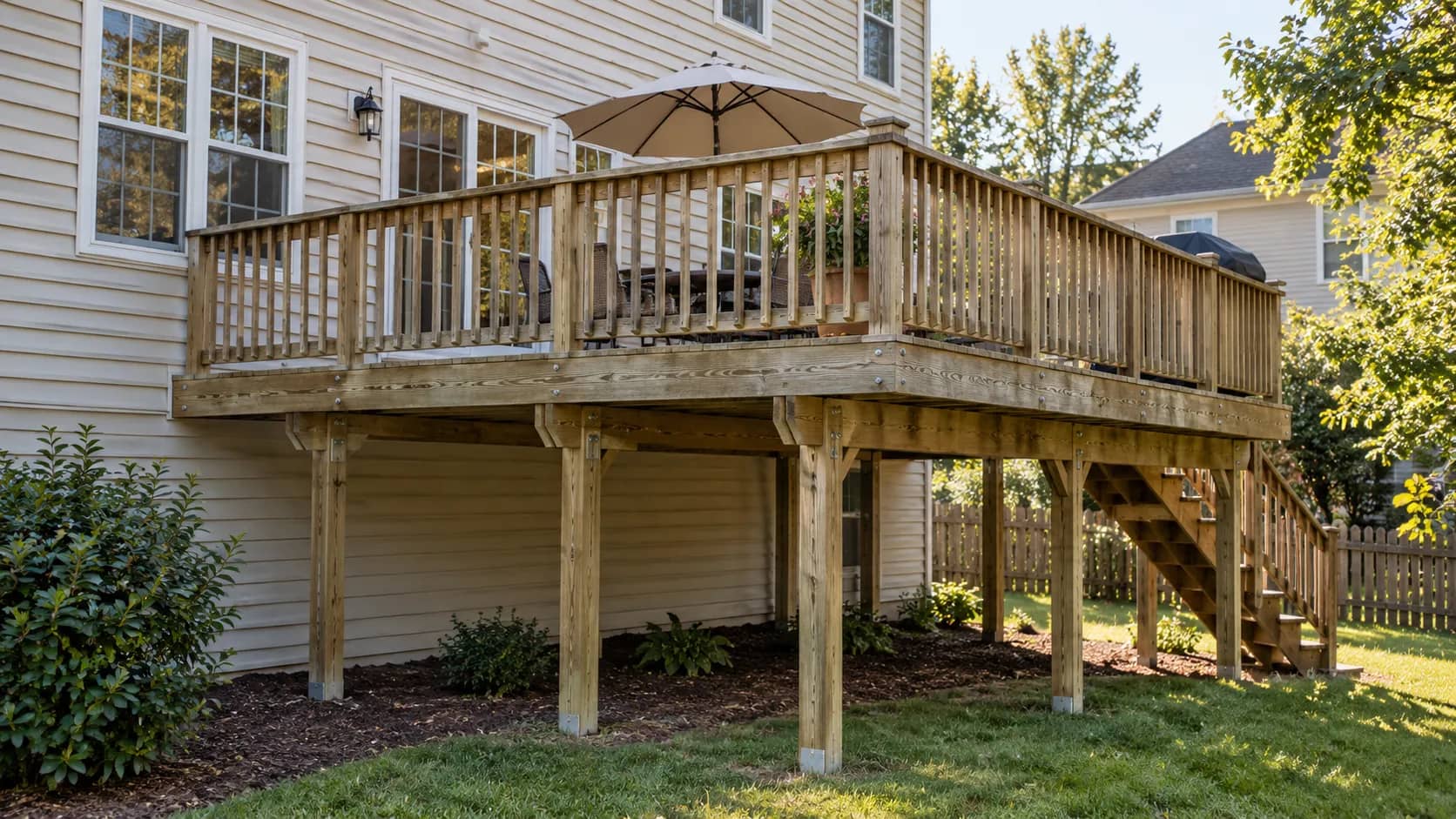 Elevated residential wood deck attached to a suburban Virginia home with visible support posts, stair stringers, and railings in morning sunlight