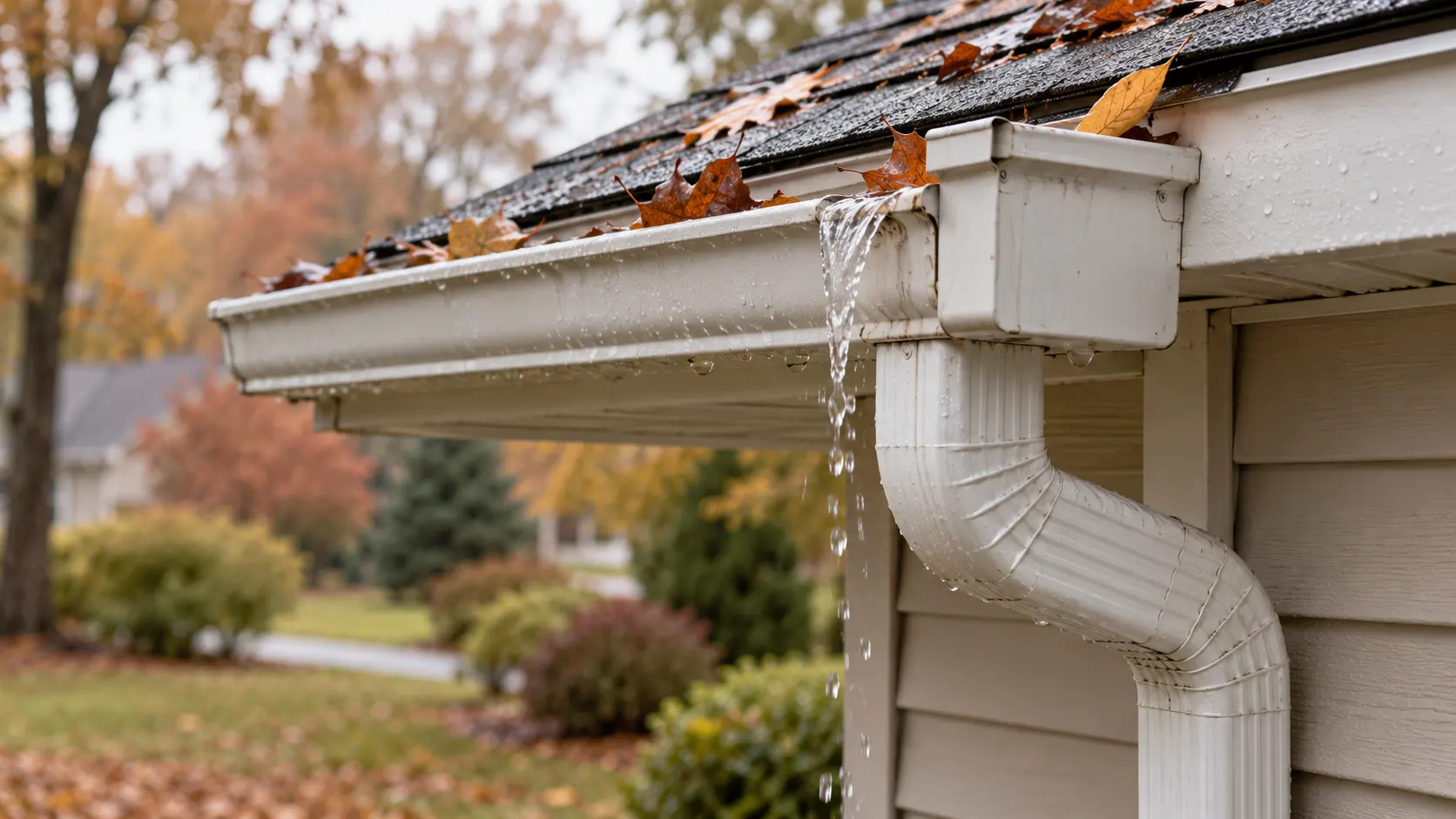Water spilling over a white gutter near a downspout with wet autumn leaves along the roof edge