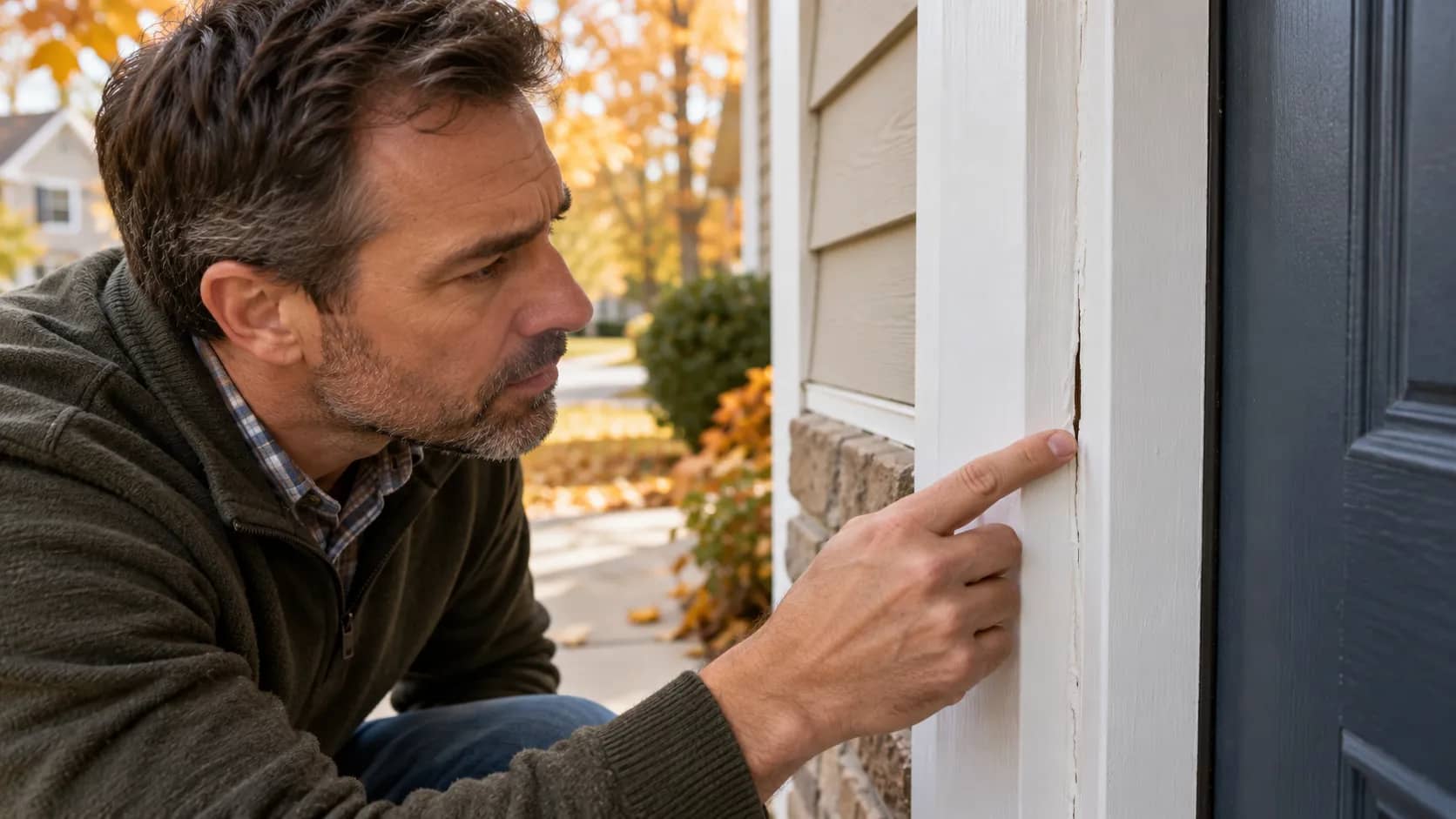 Homeowner examining a separated seam in white exterior door trim beside a blue door in autumn