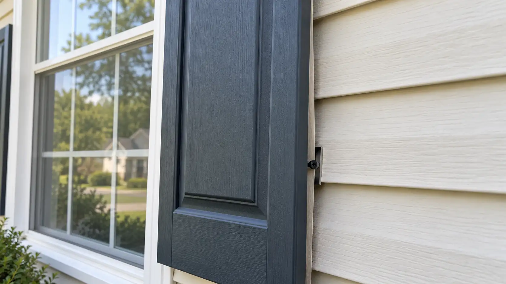 Blue-gray decorative shutter and exposed mounting screw beside a window on light-colored siding