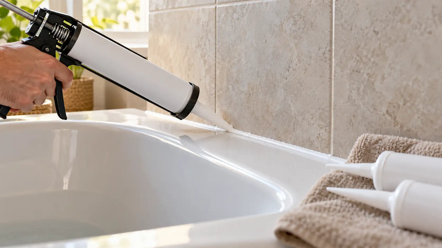 Caulking gun applying white caulk along a bathtub and tiled wall joint
