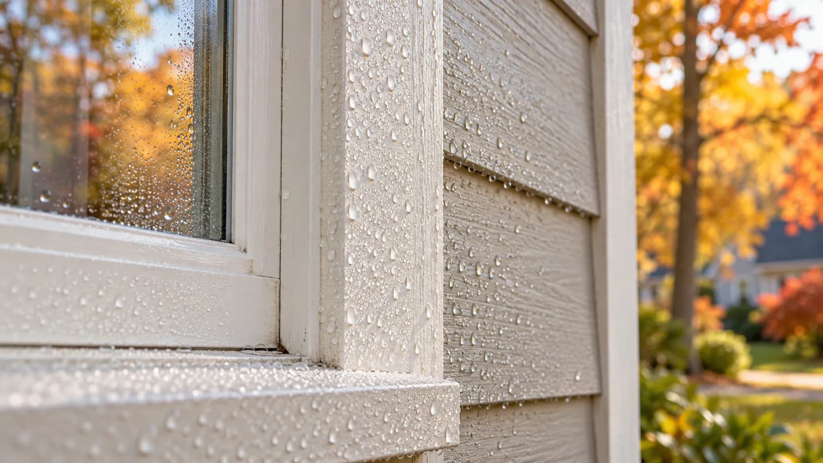 Water droplets on white exterior window trim, glass, and adjacent siding with autumn foliage beyond