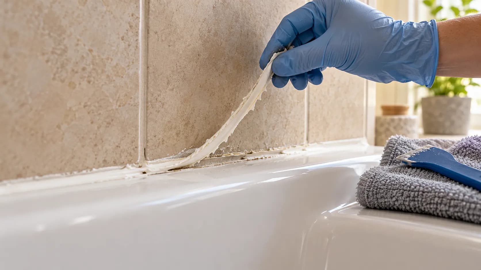 A gloved hand lifting old bathtub caulk, revealing residue along the joint