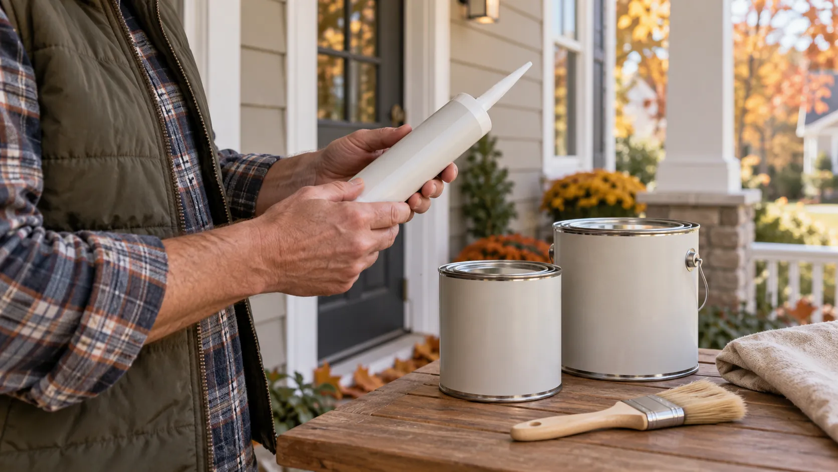Homeowner holding a white sealant cartridge beside two paint cans and a dry brush on a porch worktable
