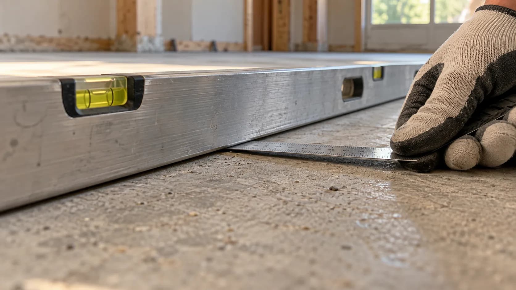 A metal straightedge level resting on a concrete subfloor to measure floor flatness and identify low spots before flooring installation