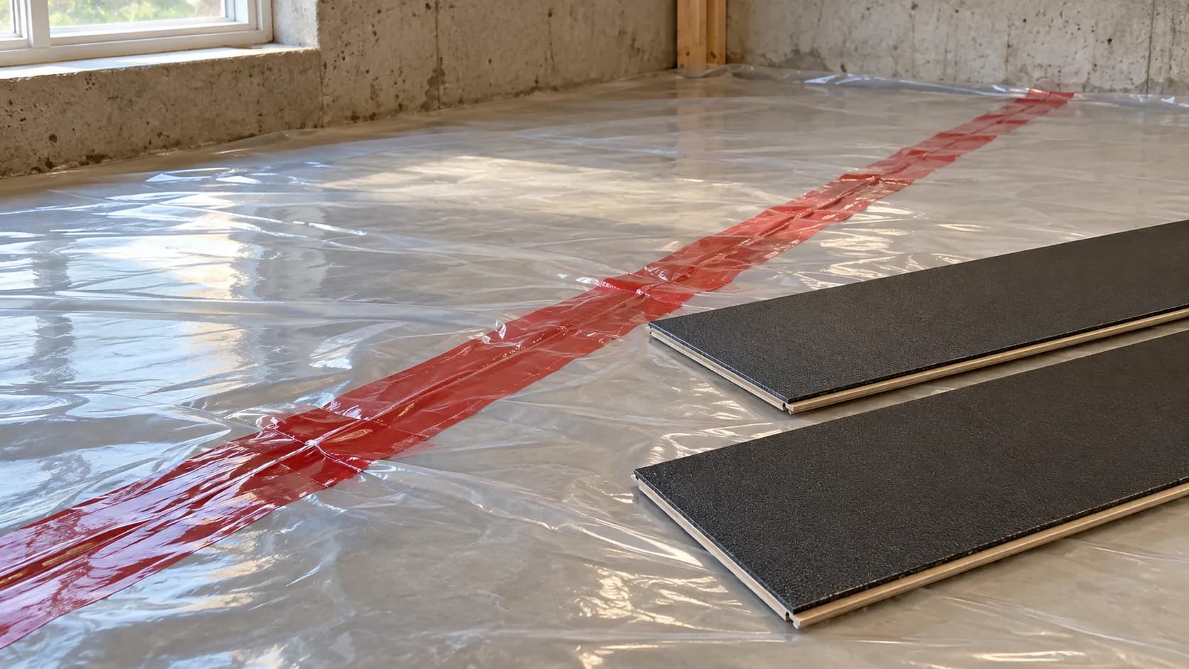 Clear 6-mil polyethylene vapor barrier sheeting laid across a concrete slab with taped seams and luxury vinyl planks