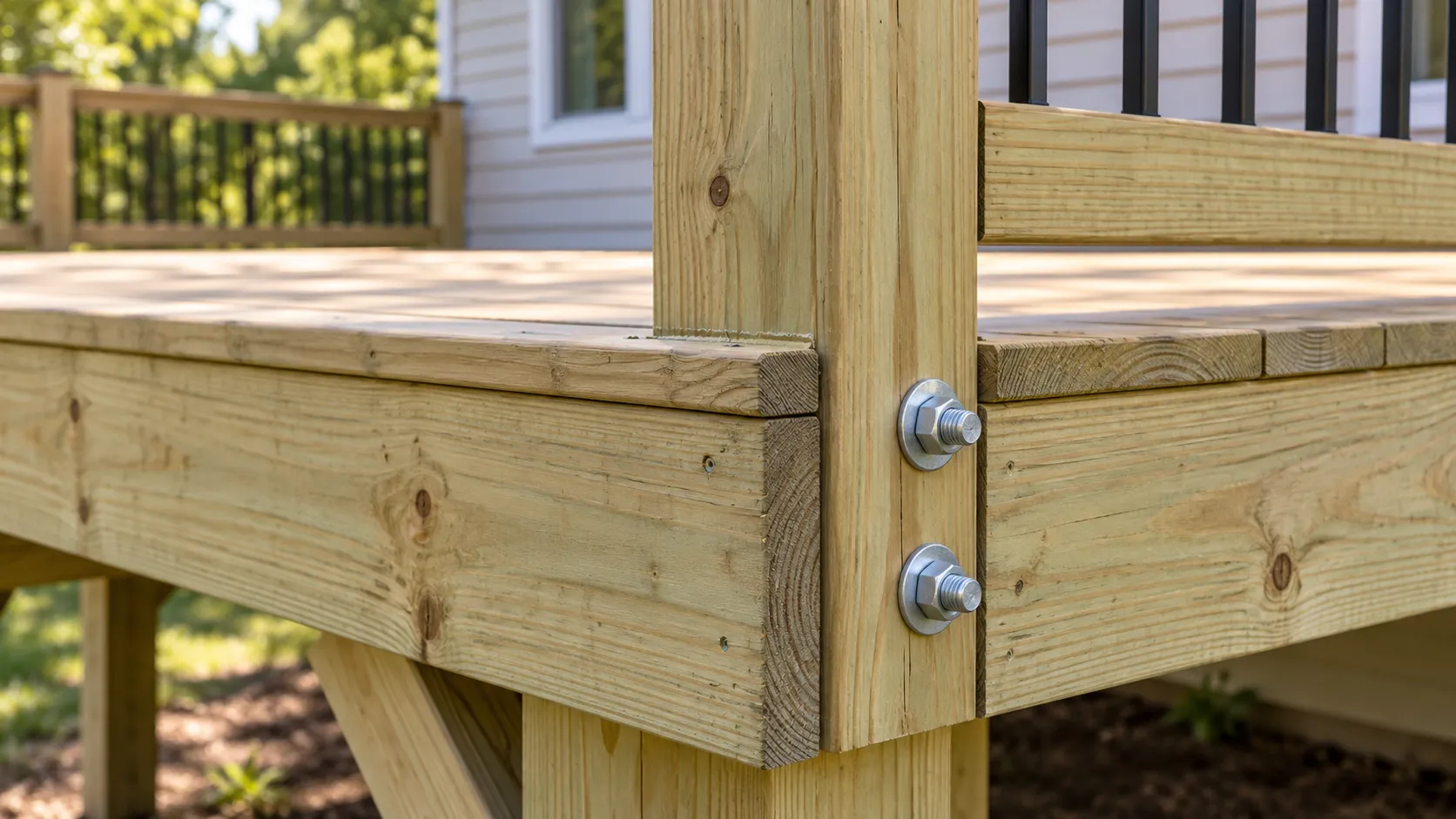 Close-up inspection of sturdy through-bolts securing an exterior deck guardrail post to the outer rim joist of a residential wood deck