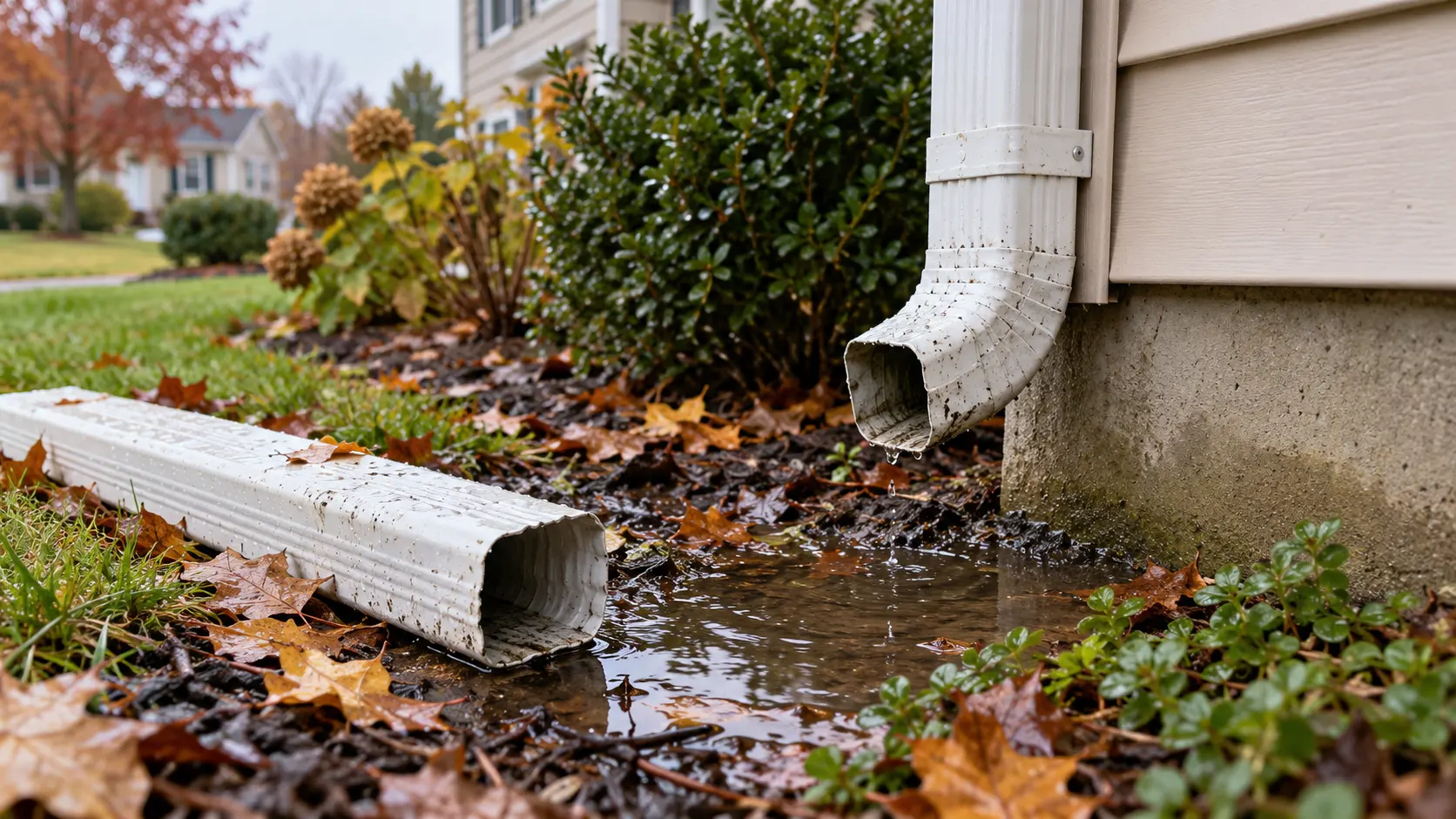 Detached white downspout extension beside a puddle near the house foundation and wet autumn leaves