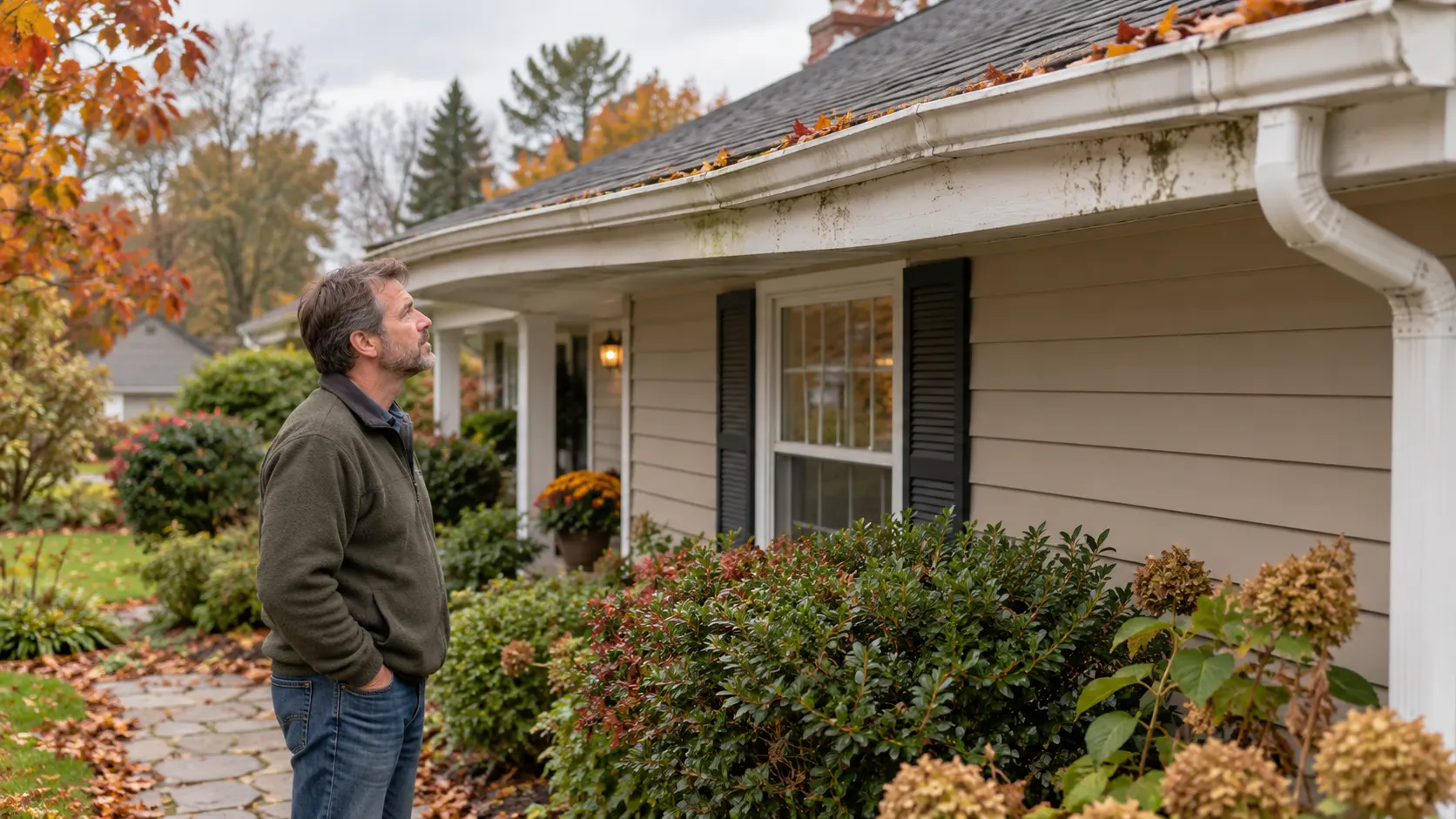 Homeowner standing on a garden path looking up at a white gutter and stained fascia in autumn