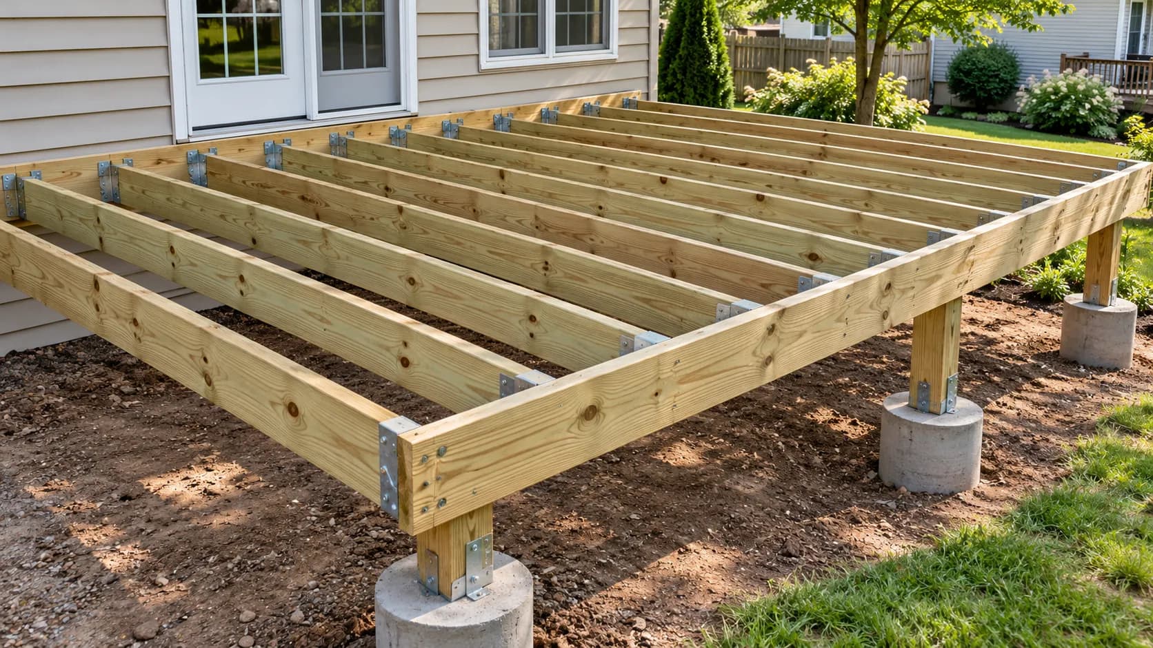 Open treated joist framing on a low residential deck with metal joist hangers and concrete pier footings ready for inspection before decking boards are attached